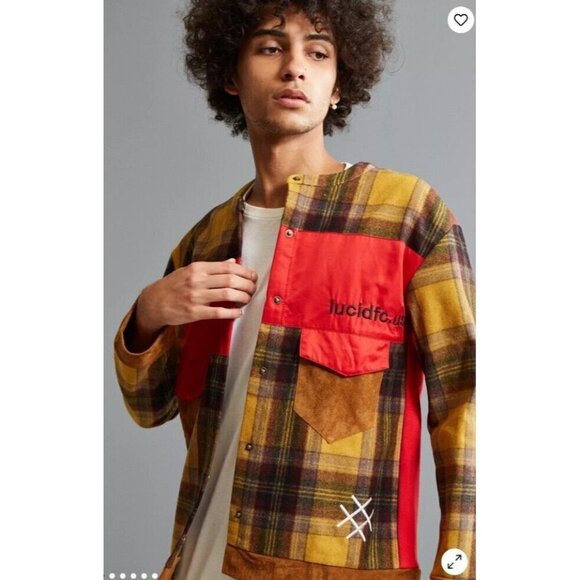 Lucid FC Urban Outfitters RARE Men’s Wool Jacket Red Yellow Plaid Embroidered L - Picture 1 of 15